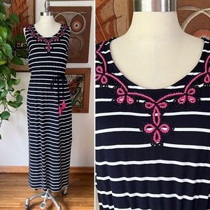 TALBOTS Navy and White Striped Sleeveless Belted Maxi Dress, LP